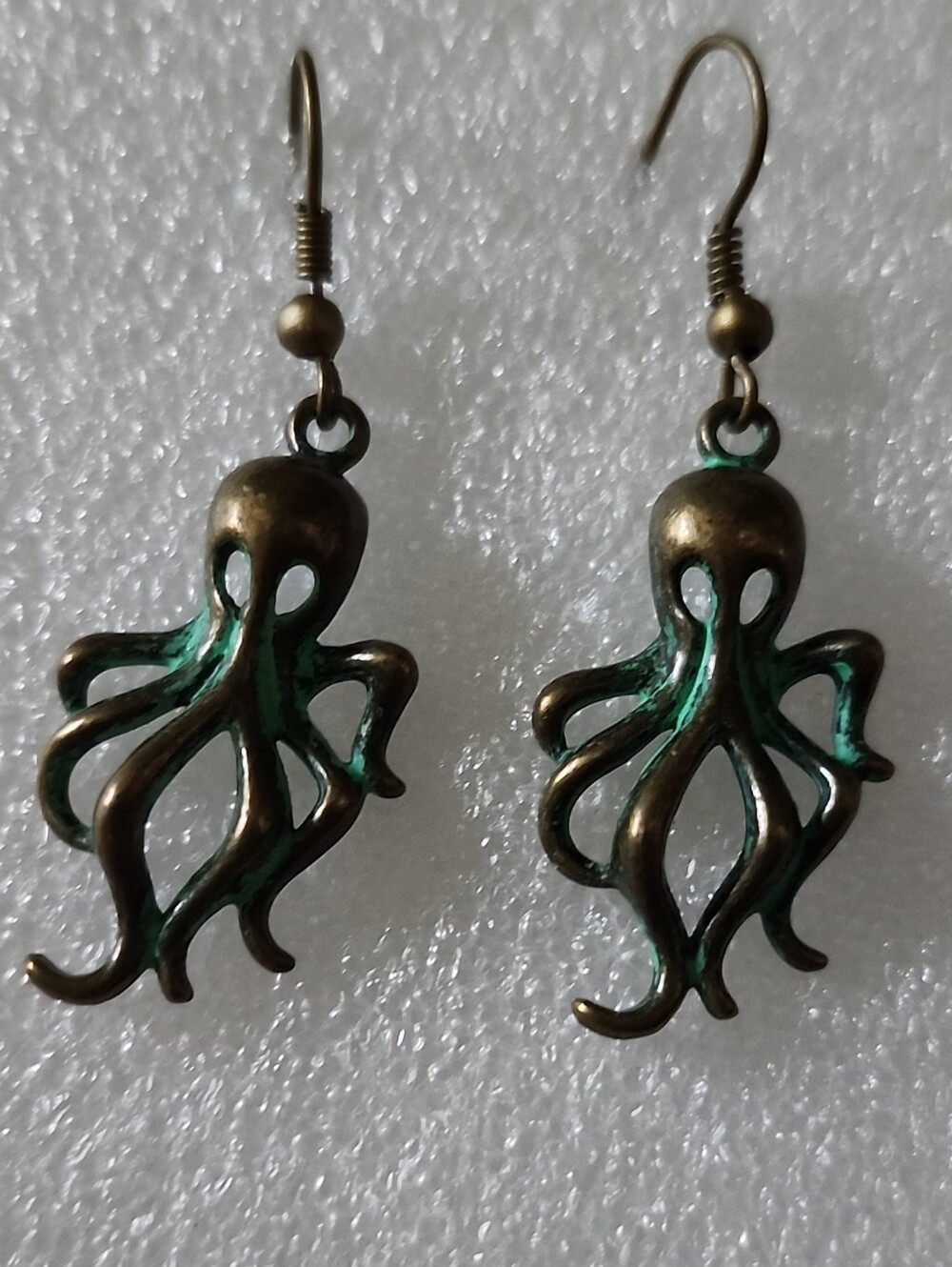 Hand Crafted Bronze Tone Octopus Earrings with Green Patina Accents